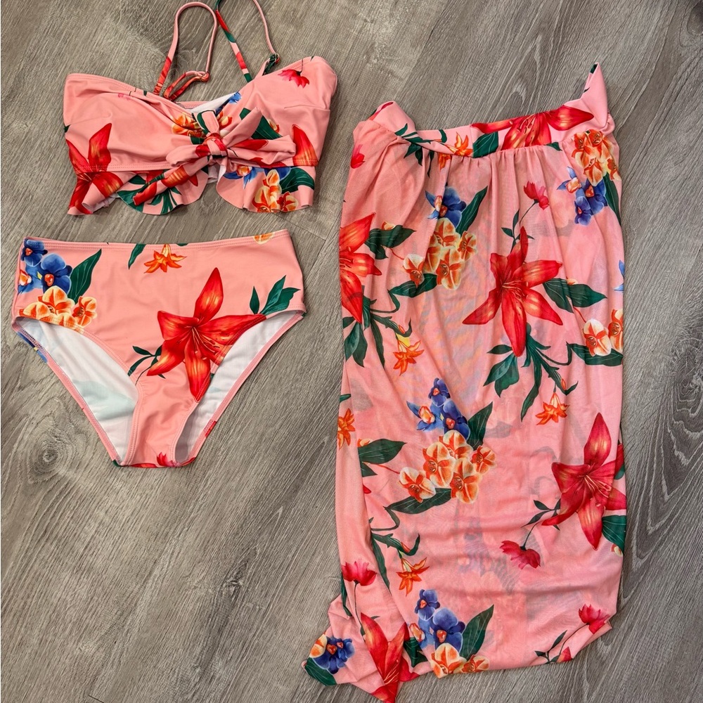 Floral Pink Bikini Set with Cover-Up Skirt